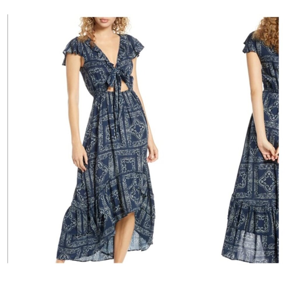 Surf Gypsy Maxi Long Boho Peekaboo High-Low Hem Navy Blue Cream Dress FREE SHIP